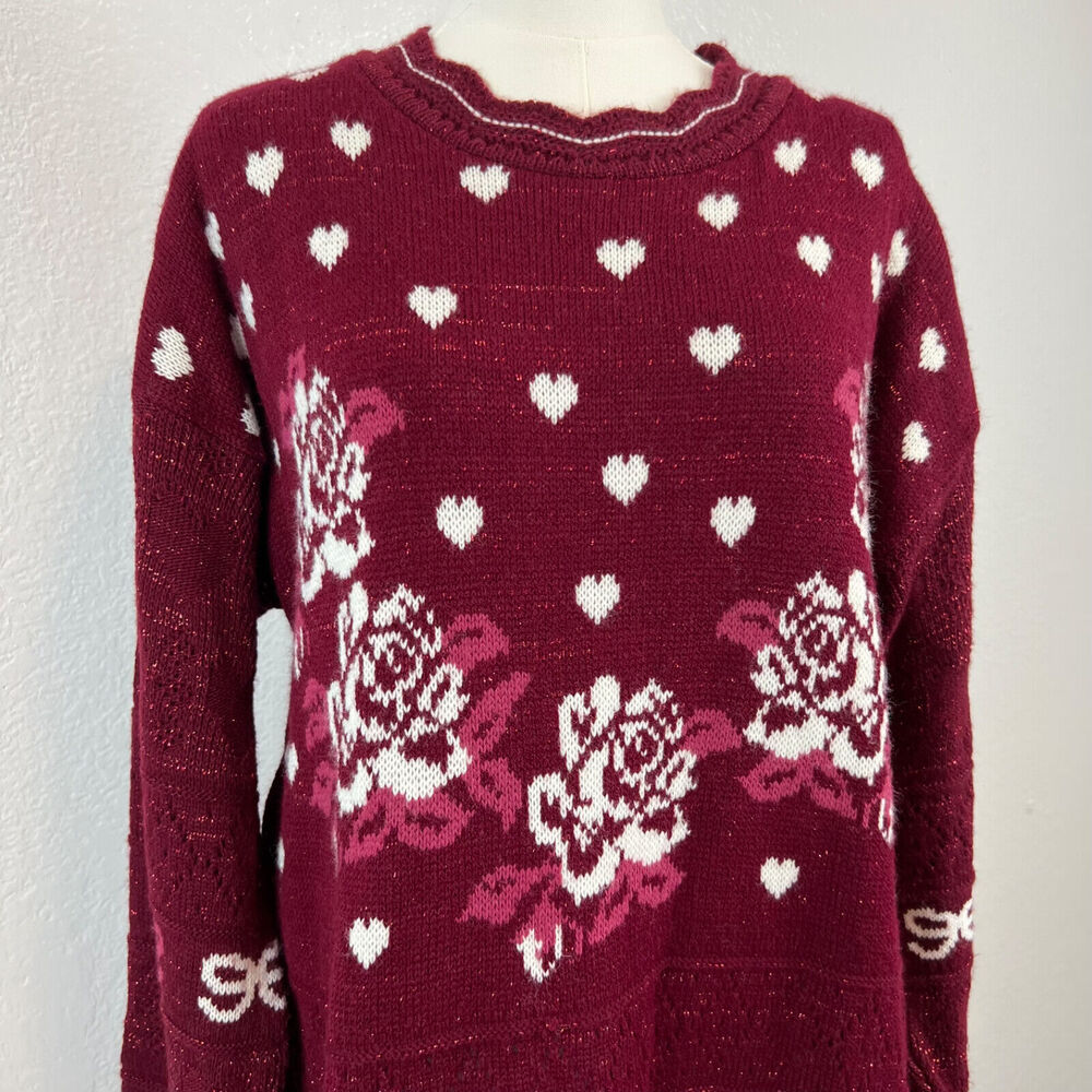 VTG Trimmings Sweater Womens 18 Red Floral Heart‎ Knit Grandma Feminine Romantic
